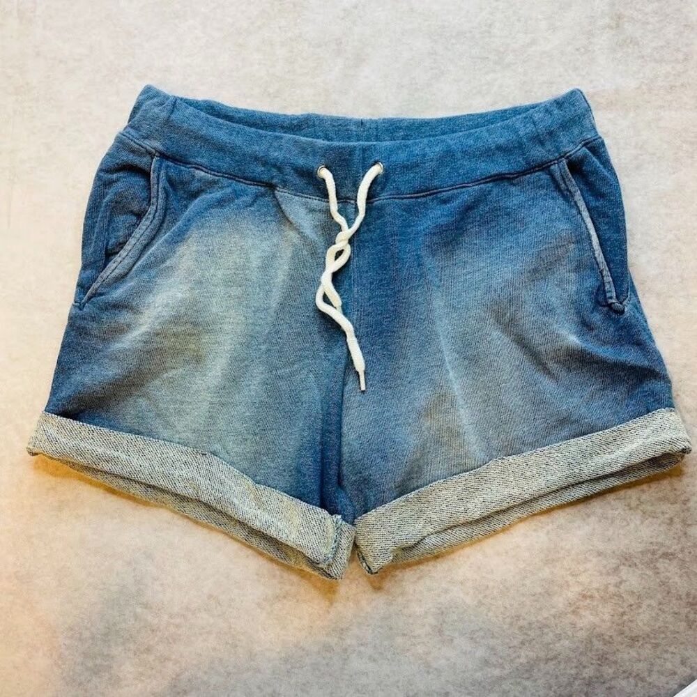 Monrow Knit Jean Shorts Womens Small Blue Mid Rise Cotton Lounge Faux Denim